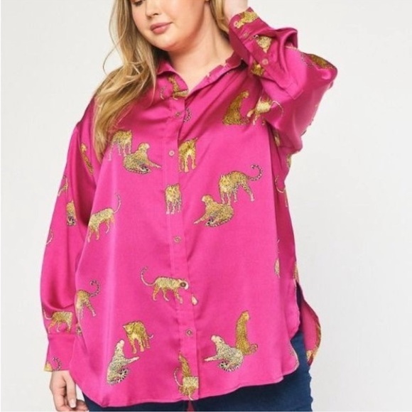 Black and gold cheetah animal print button down long sleeve blouse 1XL - Picture 1 of 5